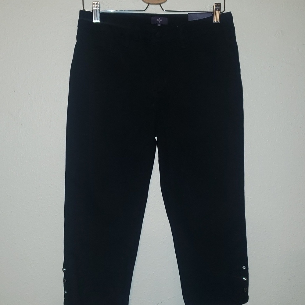 NYDJ black denim crop pant with rhinestone buttons on legs